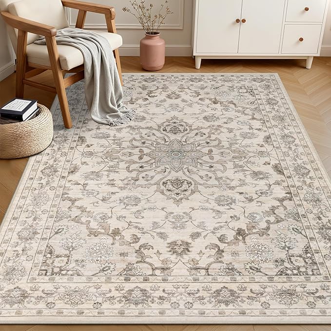 6x9 Area Rugs Living Room Rug: Washable Vintage Distressed Floral Rug No Slip Stain Resistant Soft Carpet Indoor Floor Large Carpets for Bedroom Dining Room Farmhouse Nursery Home Office Brown Beige