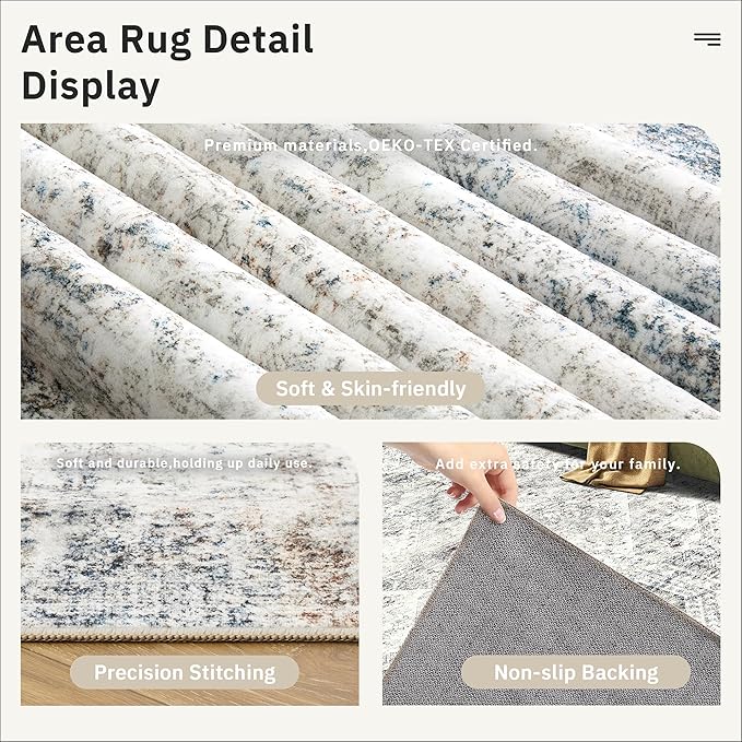5x7 Area Rugs Blue Ivory Low Pile Indoor Washable Trendy Faded Style Rugs for Bedroom Living Room Dining Room Foldable Non-Slip Thin Print Mat