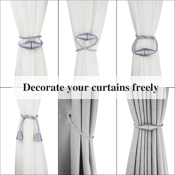 2 Pack Magnetic Curtain Tiebacks Rope Modern Handmade Curtain Tie Backs Decorative Drapes Weave Holdbacks for Window Décor, Grey