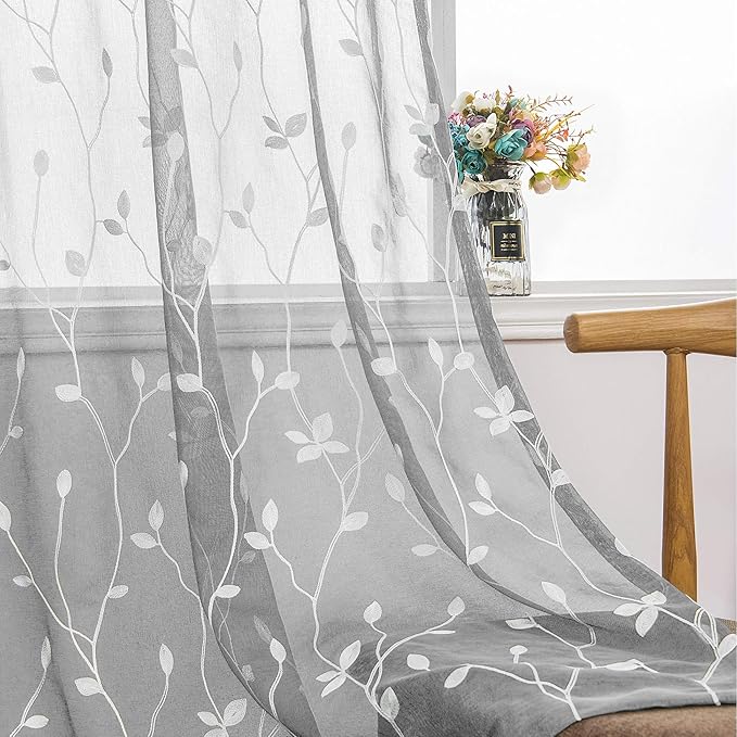 AmHoo 2 Panels Embroidered Leaf Pattern Semi Sheer Curtains Foliage Floral Voile Window Draperies Treatment for Bedroom Living Room Rod Pocket Light Gray 53 x 84 Inch