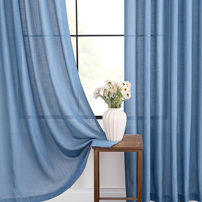 Denim Blue Curtains for Living Room Back Tab Modern Farmhouse Semi Sheer Blue Curtains 96 inches Long 2 Panels Set Muted Neutral Window Curtain for Dining Room Bedroom 52x96