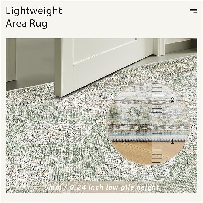 4x6 Area Rugs for Living Room, Vintage Washable Rugs for Dining Room, Bedroom, Home Office Decor, Non-Slip Green/Brown Carpet Thin Rug
