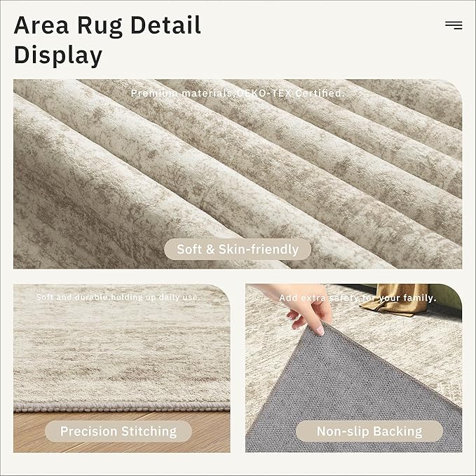 12x15 Washable Area Rug Beige Neutral Abstract Living Room Large Carpet Non Slip Bedroom Indoor Office Dining Room Low Pile Thin Rug