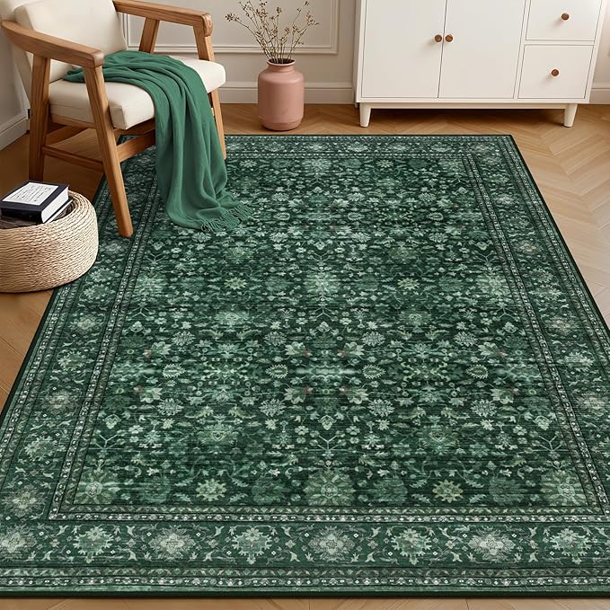 3x5 Area Rugs Living Room Rug: Washable Vintage Distressed Floral Rug No Slip Stain Resistant Soft Carpet Indoor Large Carpets for Bedroom Dining Room Farmhouse Nursery Home Office Deep Green