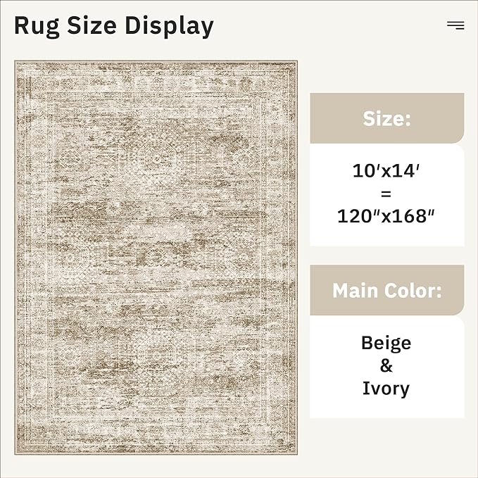 10x14 Area Rugs for Living Room, Non Slip Machine Washable Vintage Rugs, Low Pile Lightweight Large Rug for Bedroom, Dining Room, Home Office Brown