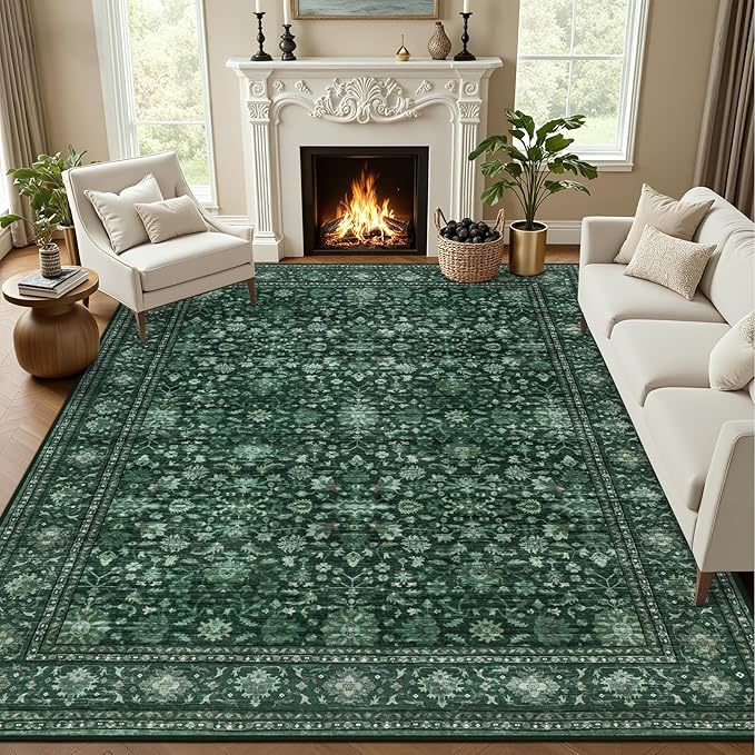 8x10 Area Rugs for Living Room: Washable Rug Soft Vintage Distressed Floral Carpet Indoor Non-Slip Stain Resistant Large Carpets for Bedroom Dining Room Farmhouse Nursery Home Office Deep Green