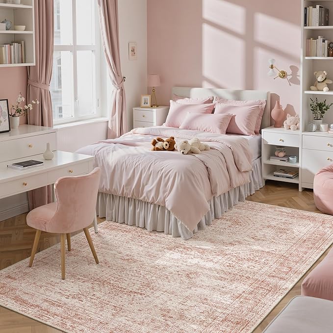 5x7 Area Rugs Pink Low Pile Indoor Washable Trendy Faded Style Rugs for Bedroom Living Room Dining Room Foldable Non-Slip Thin Print Mat
