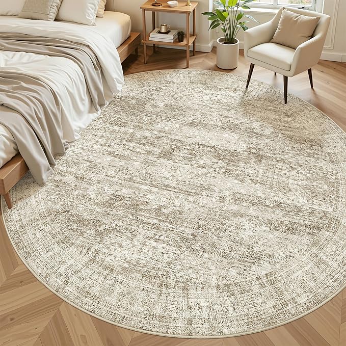 9x9 Brown Round Rug 9ft Living Room Circle Rug Vintage Round Area Rug Non Slip Indoor Carpet for Apartment