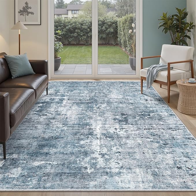 7x9 Area Rug for Living Room Washable Abstract Vintage Soft Thin Indoor Floor Non-Slip Carpet for Bedroom Dining Room Blue Grey