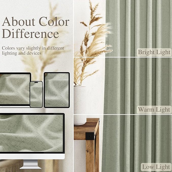 2 Panels Set Sage Green Linen Curtains 126 Inches Long for Living Room Extra Long Back Tab Curtain Neutral Farmhouse Light Filtering Semi Sheer Linen Drapes Ceiling to Floor for Large Window 52x126