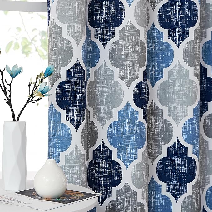 Beauoop 100% Blackout Curtains 63 Inches Long 2 Panels for Bedroom Living Room Blue Grey Moroccan Geo Room Darkening Thermal Insulated Soundproof Grommet Top Window Treatments Drapes, 50x63 Set of 2