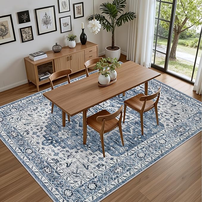 4x6 Area Rugs for Living Room: Washable Rug Soft Vintage Boho Medallion Carpet Indoor Floor Non-Slip Stain Resistant Large Carpets for Bedroom Dining Room Farmhouse Nursery Home Office Blue