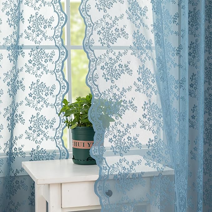 YJ YANJUN Vintage Lace Curtains 84 Inch Length-Dusty Blue Floral Sheer Curtains for Bedroom Living Room Hallway Doorways 2 Panels Set Beach Coastal Decor Rod Pocket W52 X L84 inch Stone Blue 7 Ft