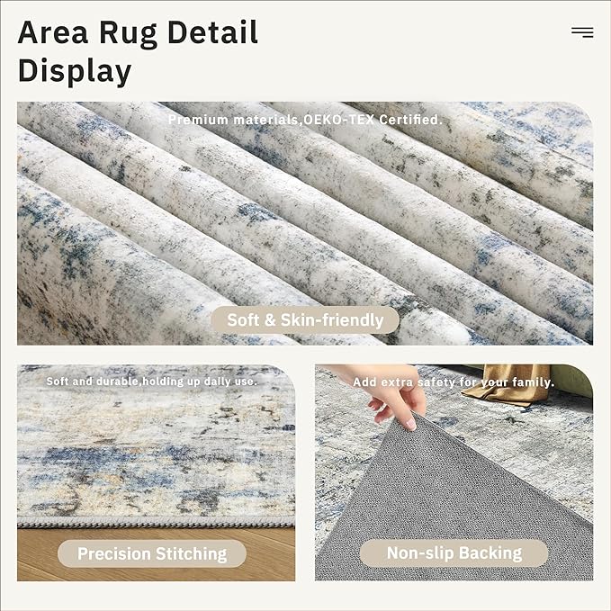 Abstract Rug 8x10 Large Living Room Rugs Neutral Modern Washable Area Rugs for Bedroom Dining Room Non-Slip Stain Resistant Foldable Thin Rug Blue Yellow