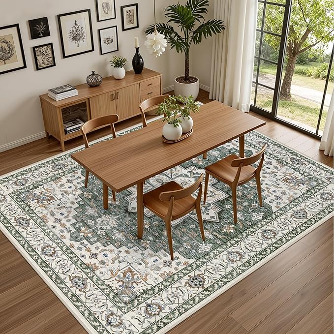6x9 Area Rugs Living Room Rug: Washable Vintage Boho Medallion Rug No Slip Stain Resistant Soft Carpet Indoor Large Carpets for Bedroom Dining Room Farmhouse Nursery Hallway Home Office Green Ivory