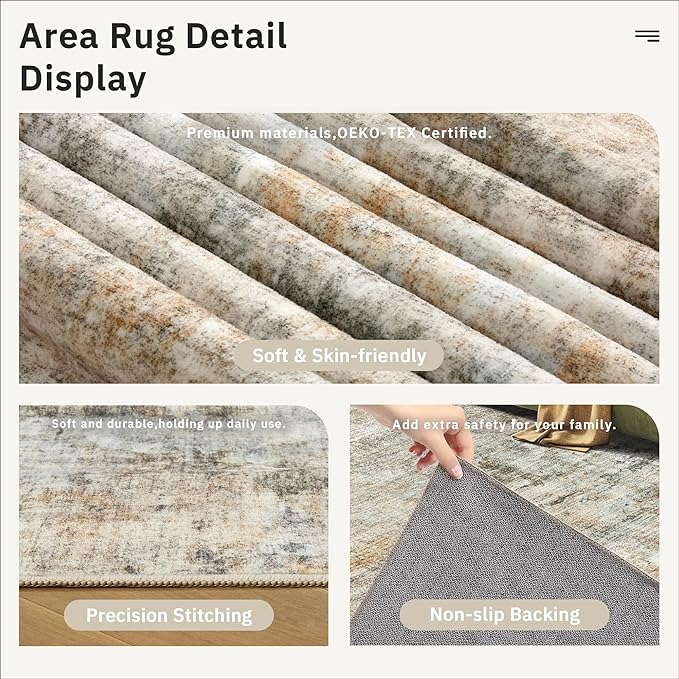 Abstract Rug 8x10 Large Living Room Rugs Neutral Modern Washable Area Rugs for Bedroom Dining Room Non-Slip Stain Resistant Foldable Thin Rug Brown Grey