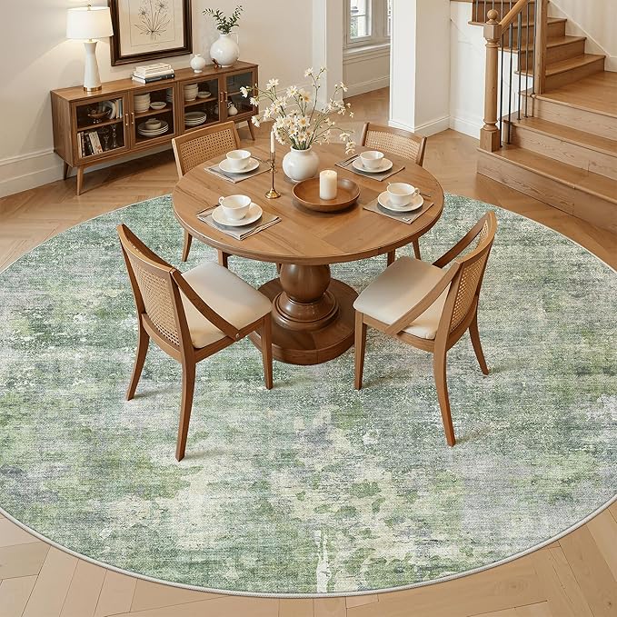 8x8 Green/Ivory Round Rug 8ft Living Room Circle Rug Vintage Round Area Rug Non Slip Indoor Carpet for Apartment