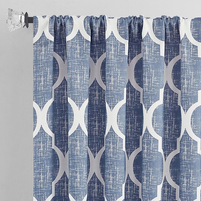 Beauoop 100% Blackout Curtains 63 Inches Long 2 Panels for Bedroom Living Room Blue Moroccan Geo Room Darkening Thermal Insulated Soundproof Rod Pocket Back Tab Window Treatments Drapes, 50x63