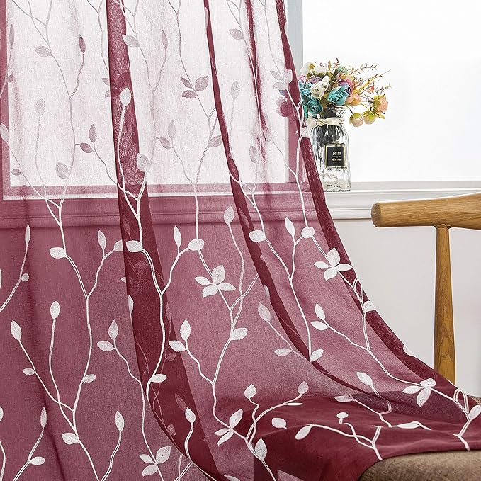 AmHoo 2 Panels Embroidered Leaf Pattern Semi Sheer Curtains Foliage Floral Voile Window Draperies Treatment for Bedroom Living Room Rod Pocket Burgundy Red 53 x 84 Inch