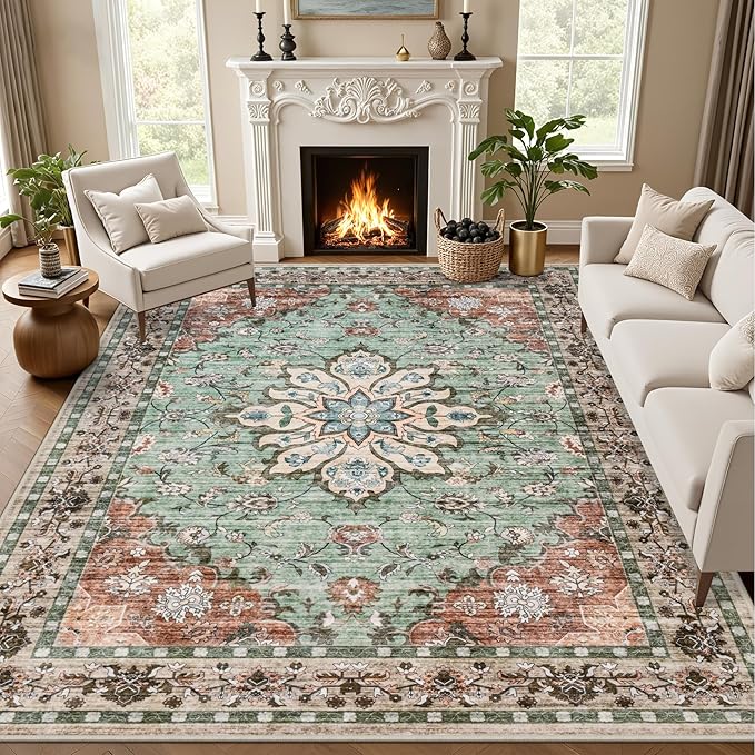 Area Rugs 9x12 Living Room Rug: Washable Rug Soft Vintage Distressed Floral Carpet Indoor Non-Slip Stain Resistant Large Carpets for Bedroom Dining Room Farmhouse Nursery Home Office Brown Green