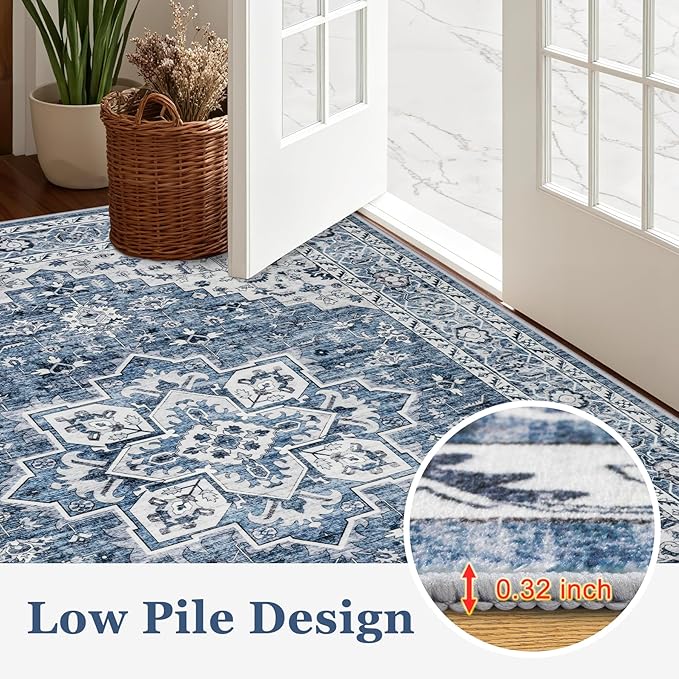 2x3 Area Rugs Living Room Rug: Washable Vintage Boho Medallion Rug No Slip Stain Resistant Soft Carpet Indoor Floor Large Carpets for Bedroom Dining Room Farmhouse Nursery Hallway Home Office Blue
