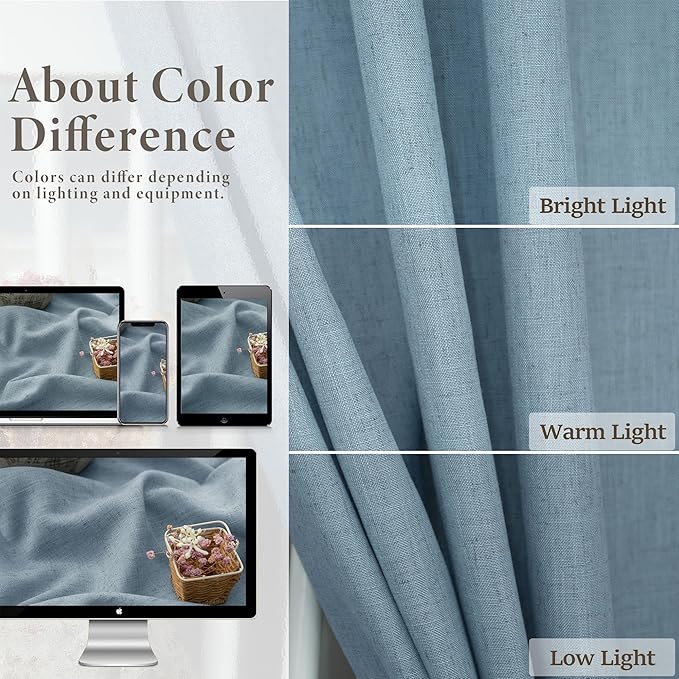 60 Inch Wide Blue Linen Curtains for Bedroom Light Reducing Sheer Large Window Curtain Panel Set of 2 Total Width 120 x 96 Inch Long 5x8 FT Length Back Tab Pocket Chambray Blue Country Farmhouse Decor