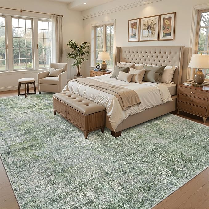 Abstract Rug 8x10 Large Living Room Rugs Neutral Modern Washable Area Rugs for Bedroom Dining Room Non-Slip Stain Resistant Foldable Thin Rug Green