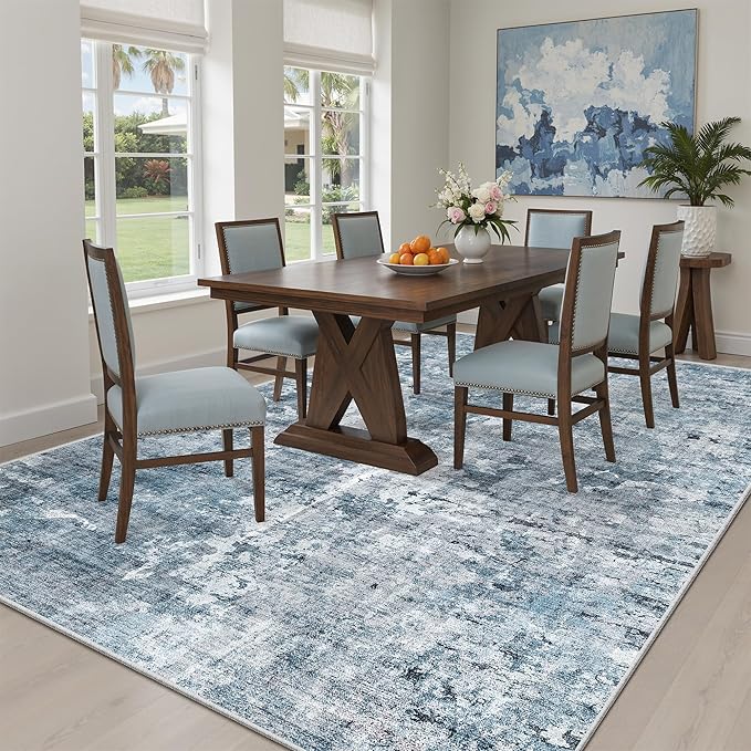 7x9 Area Rug for Living Room Washable Abstract Vintage Soft Thin Indoor Floor Non-Slip Carpet for Bedroom Dining Room Blue Grey