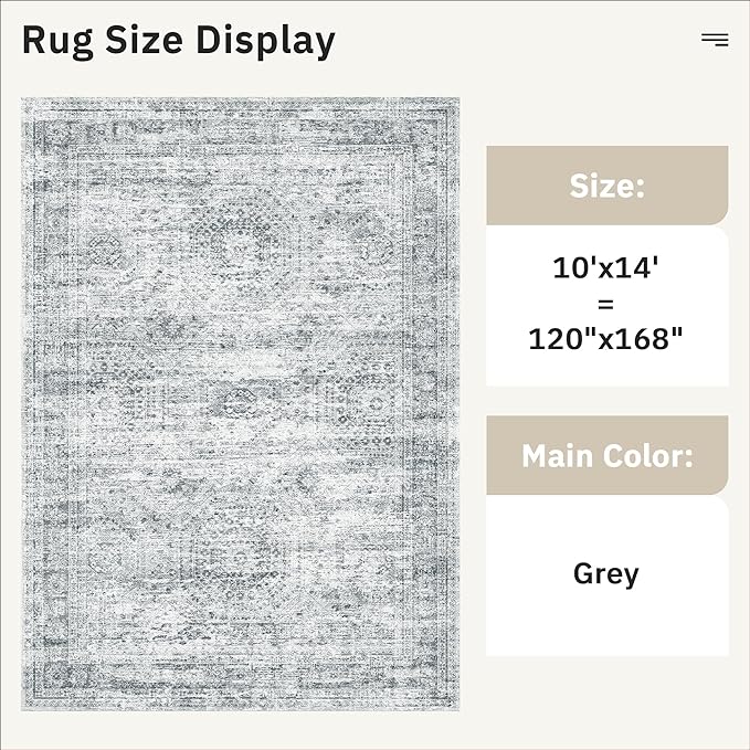 10x14 Area Rugs for Living Room, Non Slip Machine Washable Vintage Rugs, Low Pile Lightweight Large Rug for Bedroom, Dining Room, Home Office Grey