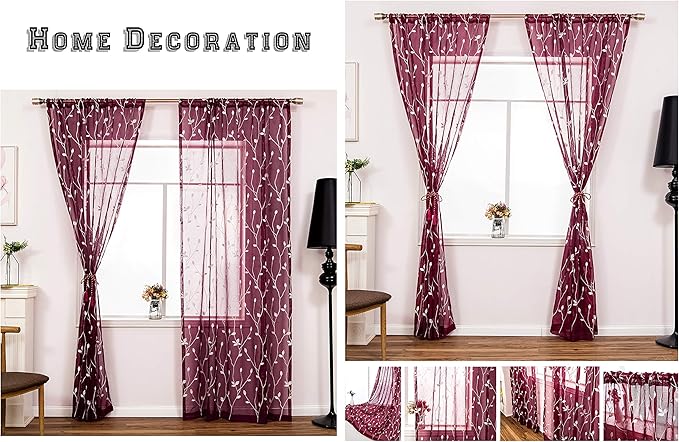 AmHoo 2 Panels Embroidered Leaf Pattern Semi Sheer Curtains Foliage Floral Voile Window Draperies Treatment for Bedroom Living Room Rod Pocket Burgundy Red 53 x 63 Inch