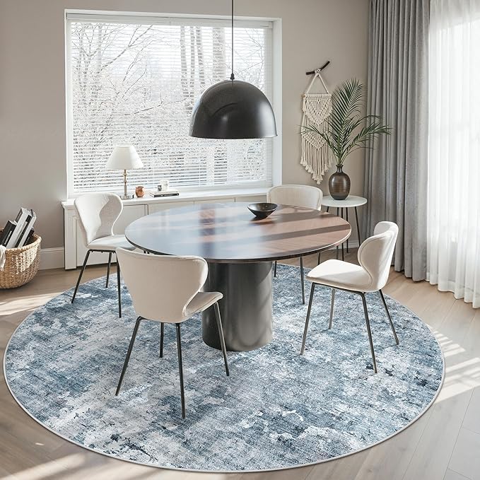 9x9 Blue/Grey Round Rug 9ft Living Room Circle Rug Vintage Round Area Rug Non Slip Indoor Carpet for Apartment