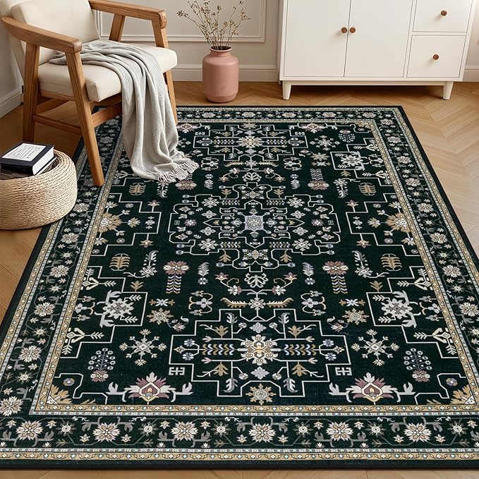 3x5 Area Rugs Living Room Rug: Washable Vintage Boho Medallion Rug No Slip Stain Resistant Soft Carpet Indoor Floor Large Carpets for Bedroom Dining Room Farmhouse Nursery Hallway Home Office Black