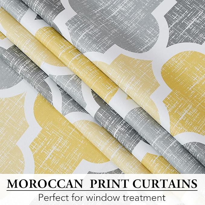 Beauoop 100% Blackout Curtains 45 Inches Long 2 Panels for Bedroom Living Room Yellow Grey Moroccan Geo Room Darkening Thermal Insulated Soundproof Grommet Top Window Treatments Drapes, 50x45 Set of 2