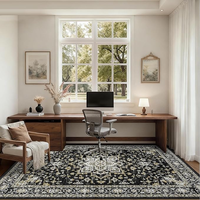 4x6 Area Rugs for Living Room: Washable Rug Soft Vintage Boho Medallion Carpet Indoor Non-Slip Stain Resistant Large Carpets for Bedroom Dining Room Farmhouse Nursery Home Office Black Gold