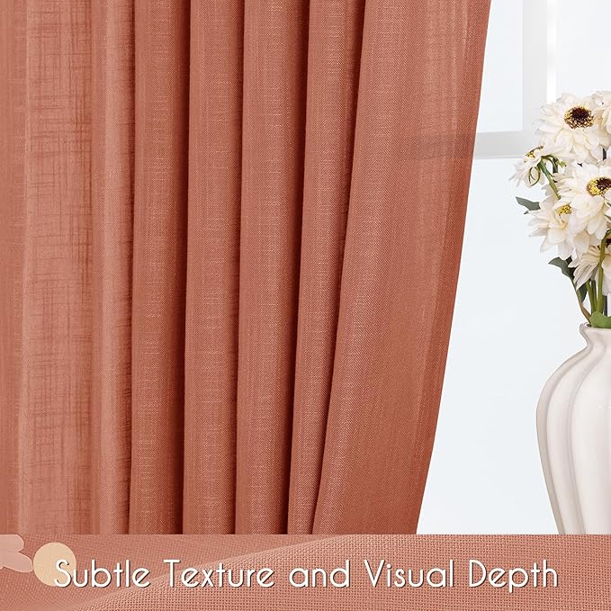 102 inch Linen Terracotta Curtains 2 Panels for Living Room Back Tab Light Filtering Semi Sheer Rust Colored Curtains 102 inches Long Soft Thick Cotton Cloth Textured Rustic Boho Farmhouse Room Decor