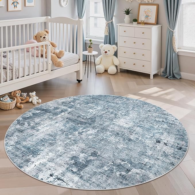 5x5 Blue/Grey Round Rug 5ft Living Room Circle Rug Vintage Round Area Rug Non Slip Indoor Carpet for Entryway Dining Room Bedroom