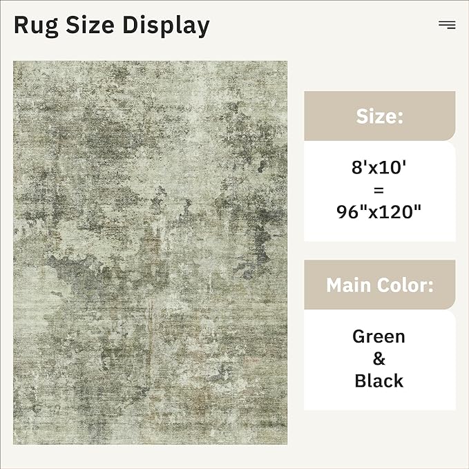 Abstract Rug 8x10 Large Living Room Neutral Modern Washable Area Rugs for Bedroom Dining Room Non-Slip Stain Resistant Foldable Thin Green Black