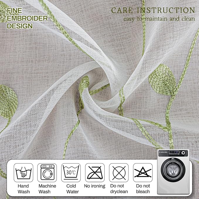 AmHoo 2 Panels Embroidered Leaf Pattern Semi Sheer Curtains Foliage Floral Voile Window Draperies Treatment for Bedroom Living Room Rod Pocket White Light Green 53 x 84 Inch