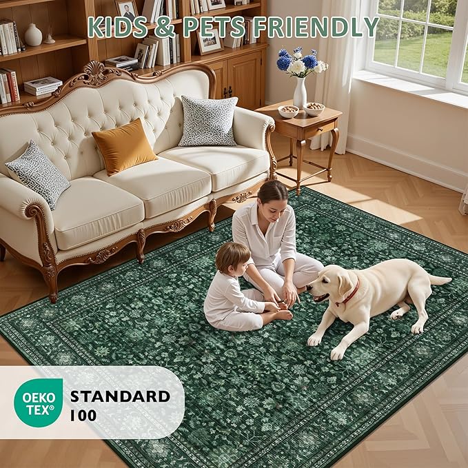 4x6 Area Rugs for Living Room: Washable Rug Soft Vintage Distressed Floral Carpet Indoor Non-Slip Stain Resistant Large Carpets for Bedroom Dining Room Farmhouse Nursery Home Office Deep Green