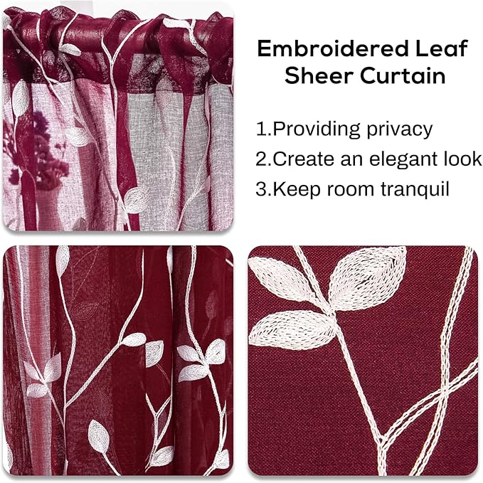 AmHoo 2 Panels Embroidered Leaf Pattern Semi Sheer Curtains Foliage Floral Voile Window Draperies Treatment for Bedroom Living Room Rod Pocket Burgundy Red 53 x 84 Inch