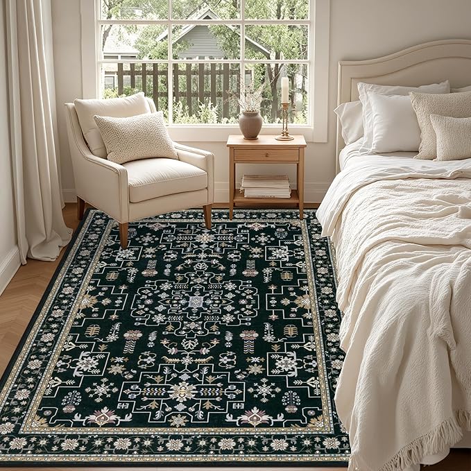 4x6 Area Rugs for Living Room: Washable Rug Soft Vintage Boho Medallion Carpet Indoor Floor Non-Slip Stain Resistant Large Carpets for Bedroom Dining Room Farmhouse Nursery Home Office Black