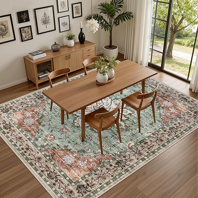 3x5 Area Rugs Living Room Rug: Washable Vintage Distressed Floral Rug No Slip Stain Resistant Soft Carpet Indoor Floor Large Carpets for Bedroom Dining Room Farmhouse Nursery Home Office Brown Green