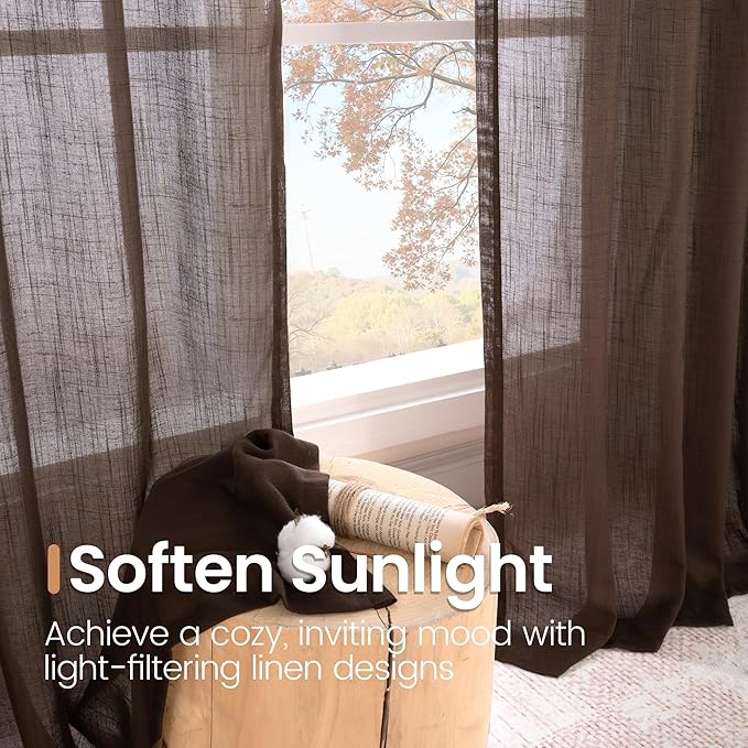 BGment Linen Curtains 54 Inch Length for Window, Brown Semi Sheer Drapes Light Filtering Textured for Living Room Kitchen Bathroom Decor Rod Pocket, 2 Panels Set, Each 42 Inch Wide
