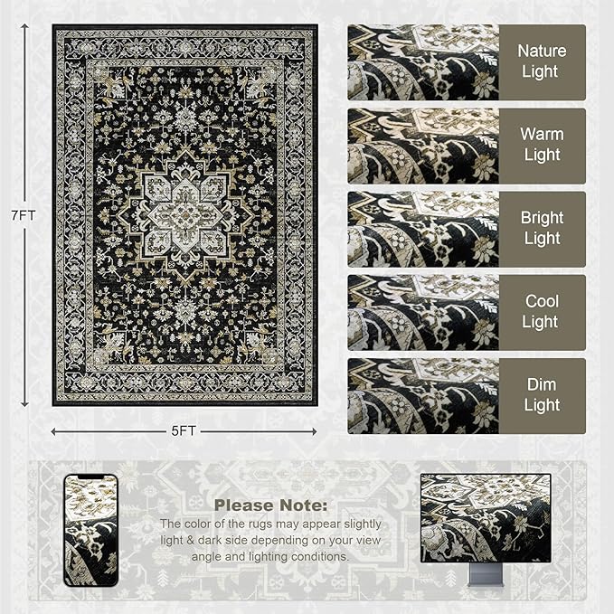 5x7 Area Rugs Living Room Rug: Washable Vintage Boho Medallion Rug No Slip Stain Resistant Soft Carpet Indoor Large Carpets for Bedroom Dining Room Farmhouse Nursery Hallway Home Office Black Gold