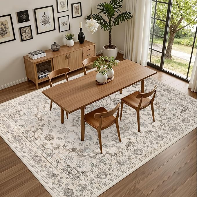 3x5 Area Rugs Living Room Rug: Washable Vintage Distressed Floral Rug No Slip Stain Resistant Soft Carpet Indoor Floor Large Carpets for Bedroom Dining Room Farmhouse Nursery Home Office Brown Beige
