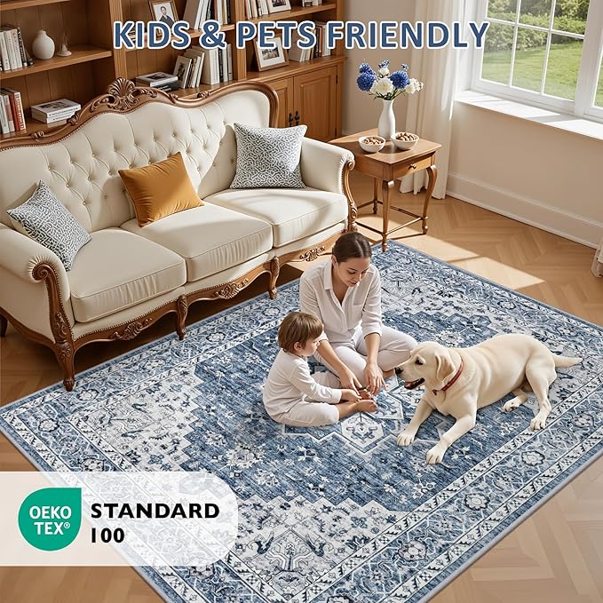 2x3 Area Rugs Living Room Rug: Washable Vintage Boho Medallion Rug No Slip Stain Resistant Soft Carpet Indoor Floor Large Carpets for Bedroom Dining Room Farmhouse Nursery Hallway Home Office Blue