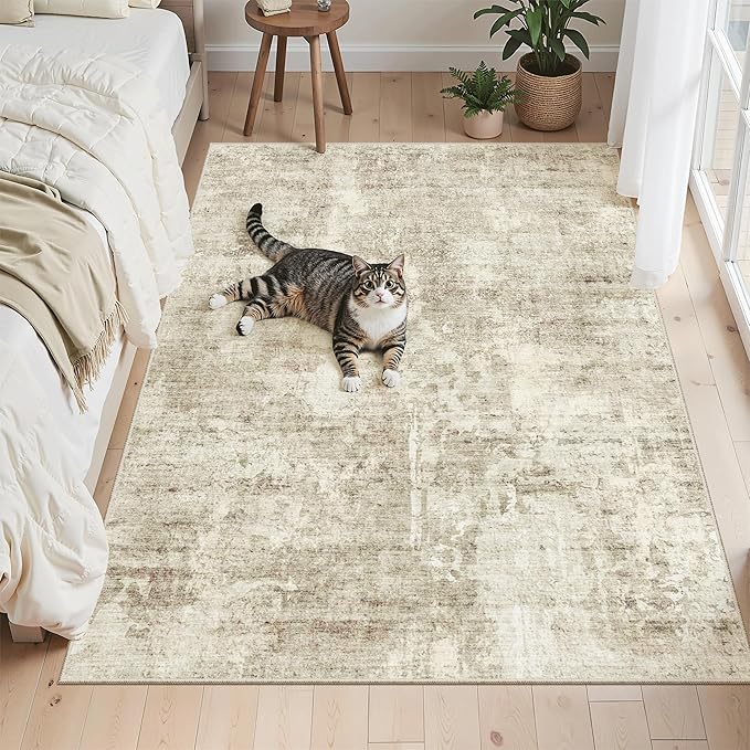 4x6 Area Rugs for Living Room, Vintage Washable Rugs for Dining Room, Bedroom, Home Office Decor, Non-Slip Beige/Gray Carpet Thin Rug