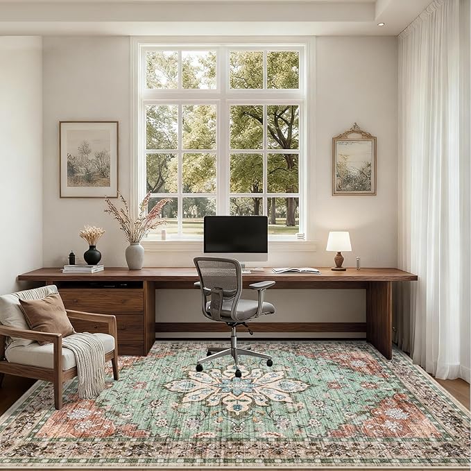 3x5 Area Rugs Living Room Rug: Washable Vintage Distressed Floral Rug No Slip Stain Resistant Soft Carpet Indoor Floor Large Carpets for Bedroom Dining Room Farmhouse Nursery Home Office Brown Green