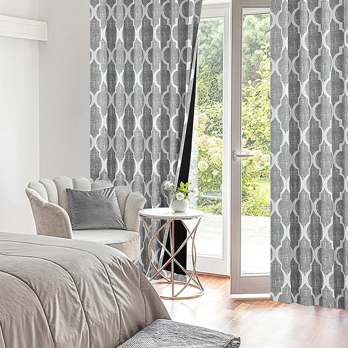 Beauoop 100% Blackout Curtains 96 Inches Long 2 Panels for Bedroom Living Room Grey Moroccan Geo Room Darkening Thermal Insulated Soundproof Rod Pocket Back Tab Window Treatments Drapes, 50x96