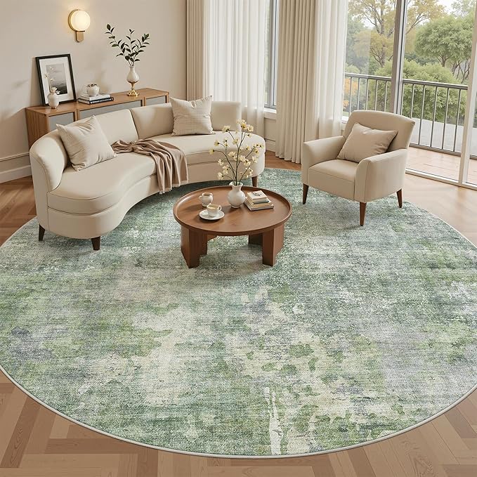 8x8 Green/Ivory Round Rug 8ft Living Room Circle Rug Vintage Round Area Rug Non Slip Indoor Carpet for Apartment
